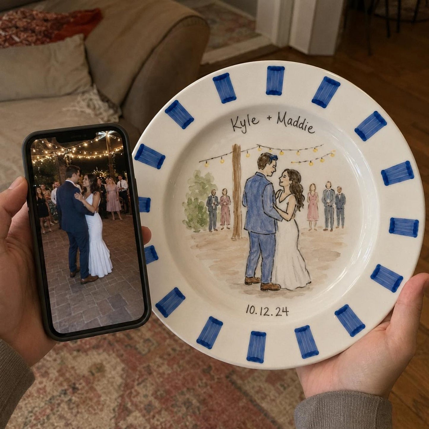 Custom hand-painted wedding photo ceramic plate — image 6