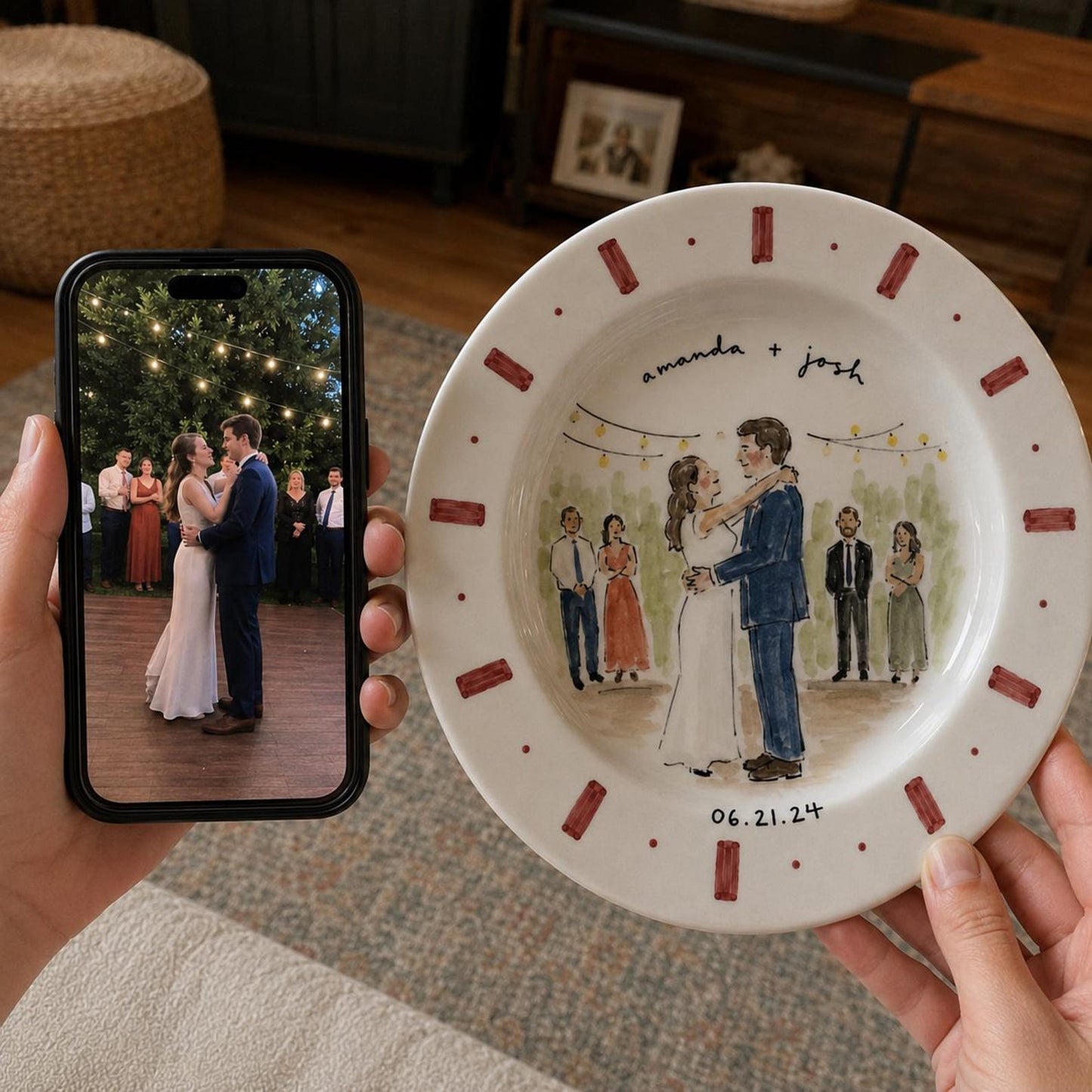 Custom hand-painted wedding photo ceramic plate — image 1