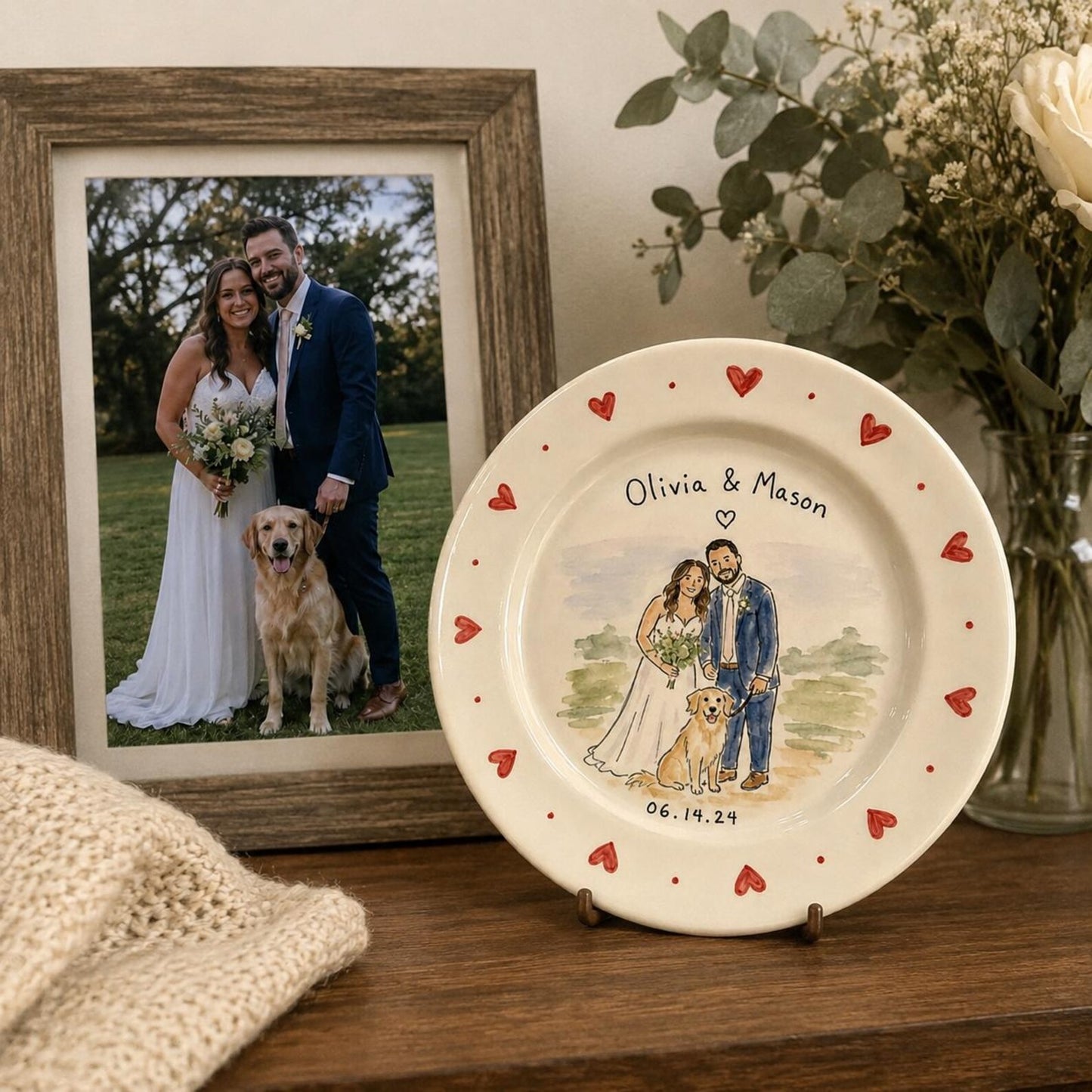 Custom wedding couple and pet portrait ceramic plate — image 3