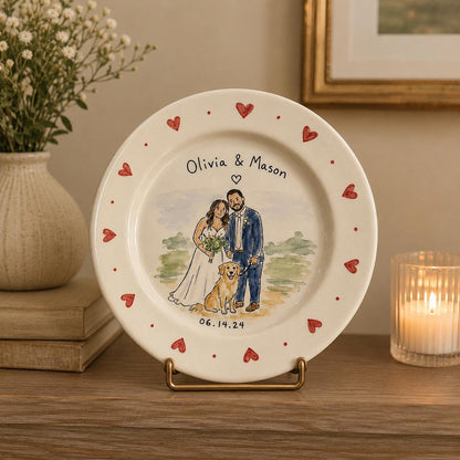 Custom wedding couple and pet portrait ceramic plate — image 14