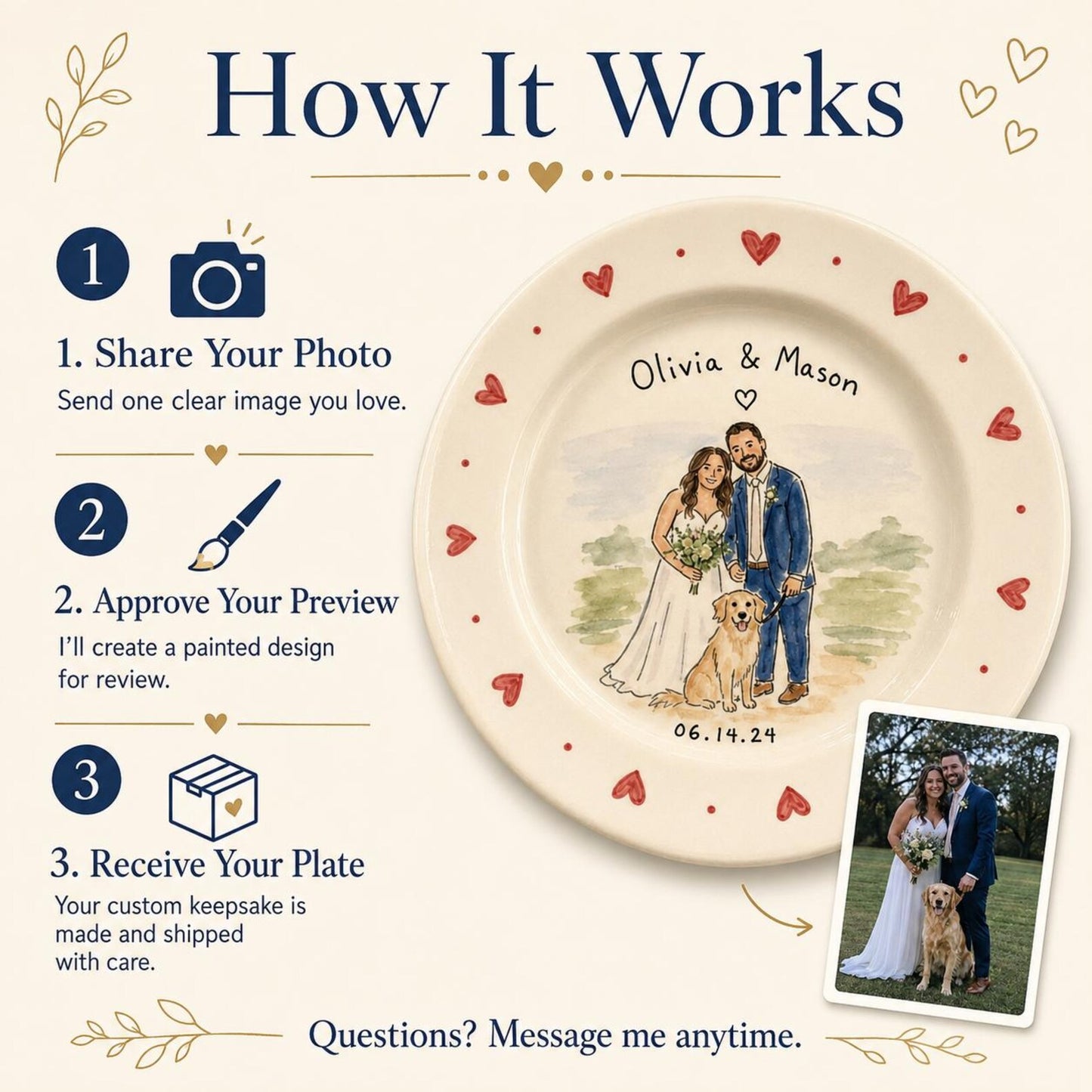 Custom wedding couple and pet portrait ceramic plate — image 16