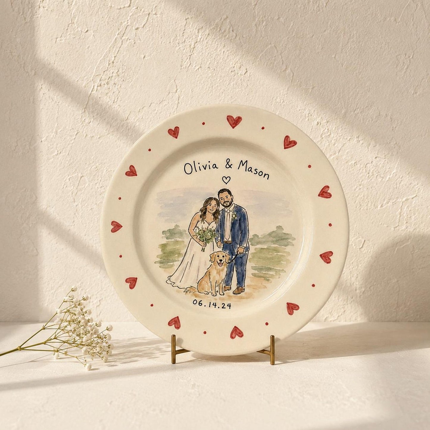 Custom wedding couple and pet portrait ceramic plate — image 7