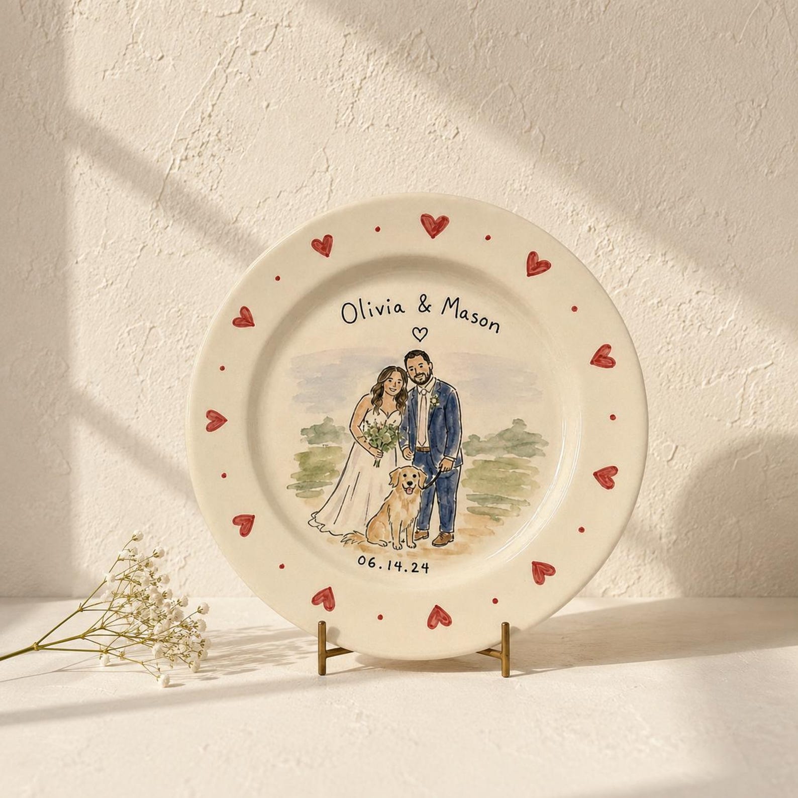 Custom wedding couple and pet portrait ceramic plate — image 7