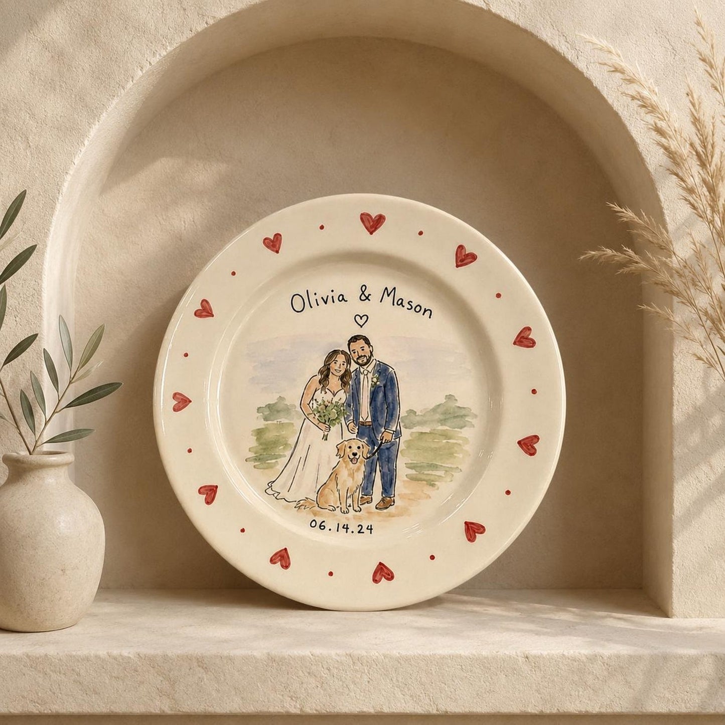 Custom wedding couple and pet portrait ceramic plate — image 8