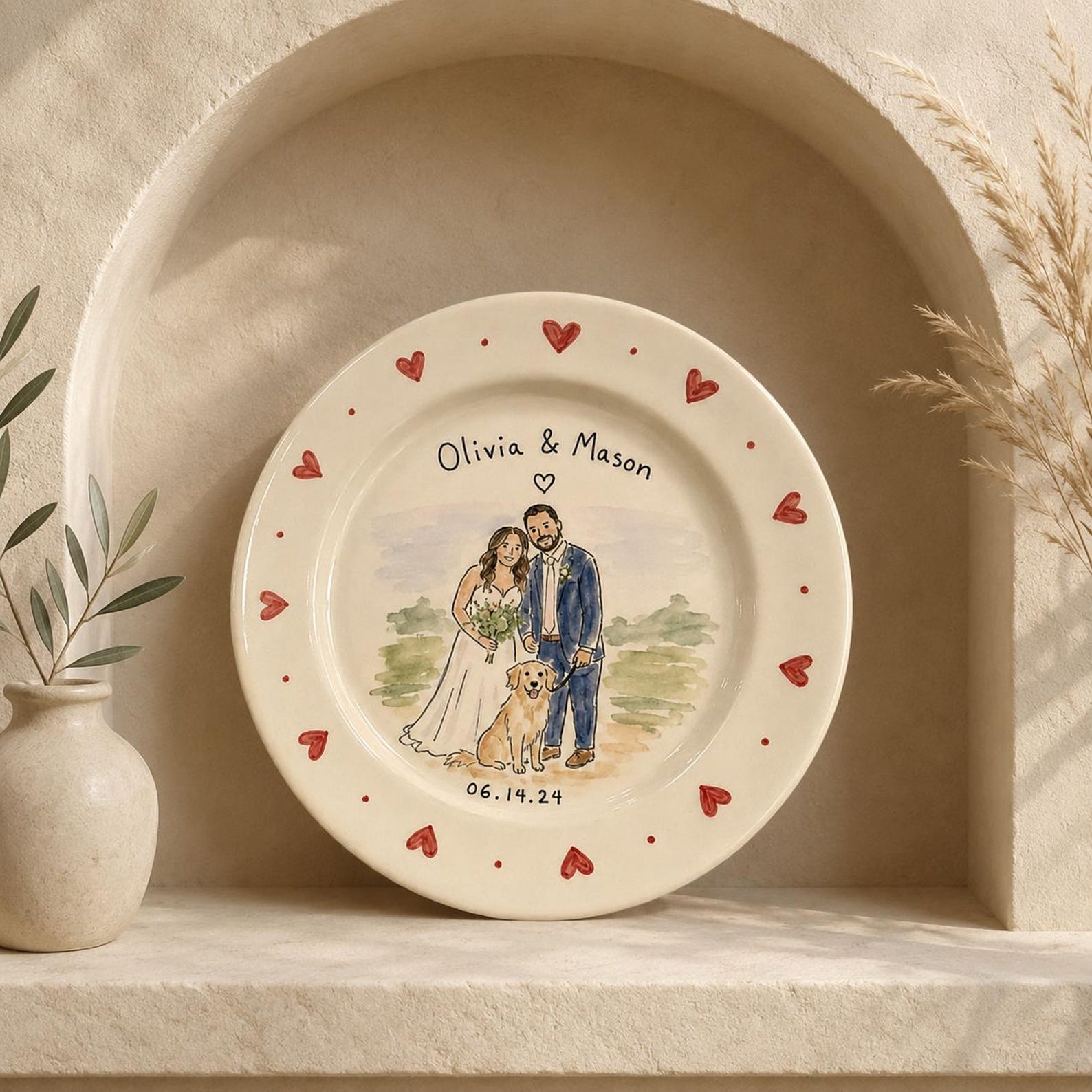 Custom wedding couple and pet portrait ceramic plate — image 8