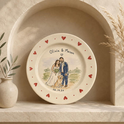 Custom wedding couple and pet portrait ceramic plate — image 8