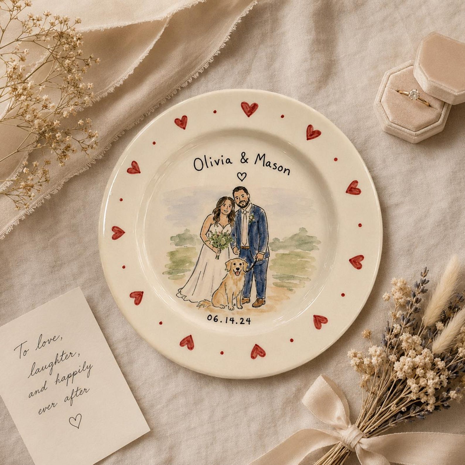 Custom wedding couple and pet portrait ceramic plate — image 9