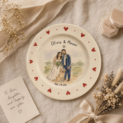 Custom wedding couple and pet portrait ceramic plate — image 9