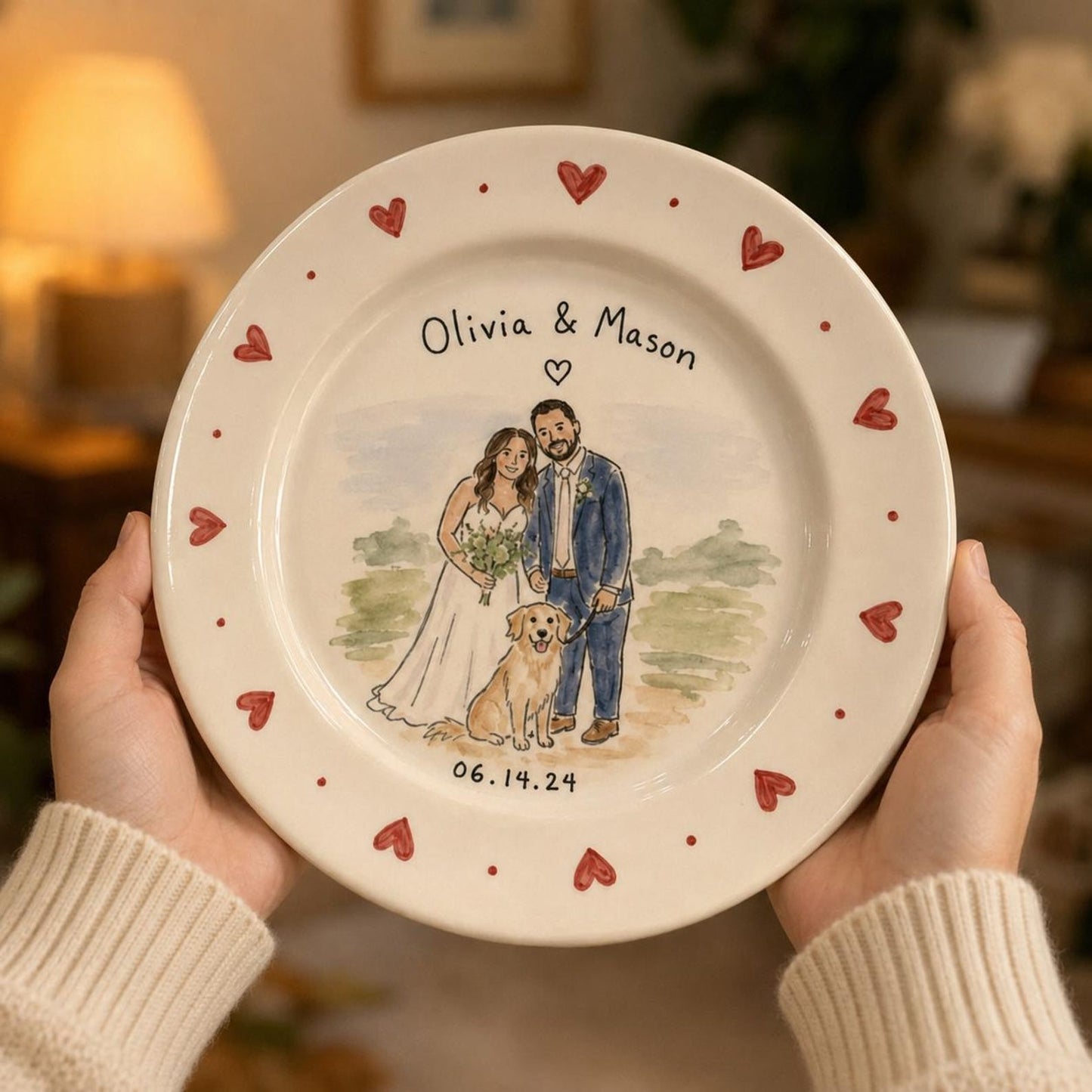 Custom wedding couple and pet portrait ceramic plate — image 12