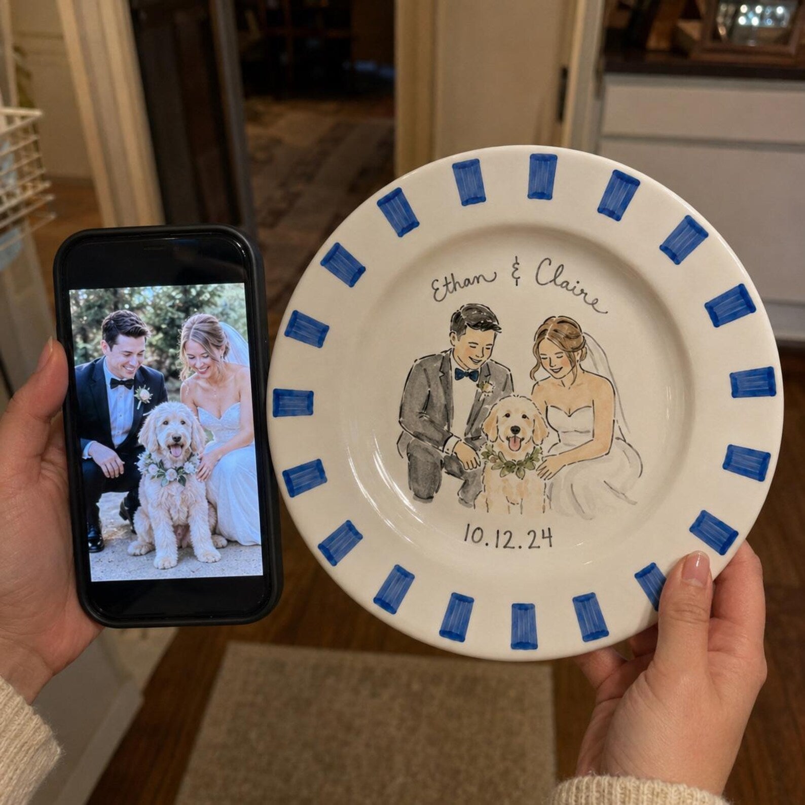 Custom wedding couple and pet portrait ceramic plate — image 4