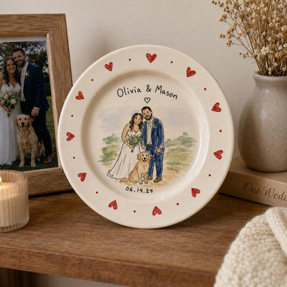 Custom wedding couple and pet portrait ceramic plate — image 13