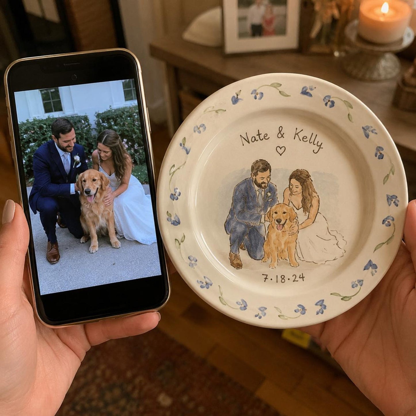 Custom wedding couple and pet portrait ceramic plate — image 6