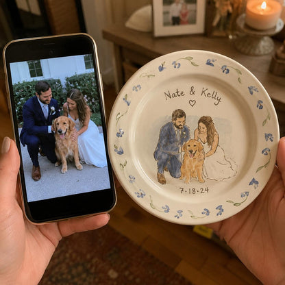 Custom wedding couple and pet portrait ceramic plate — image 6