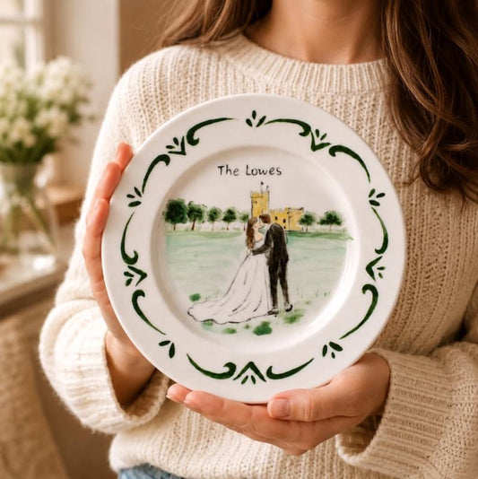 Personalized hand-painted ceramic photo plate with couple portrait