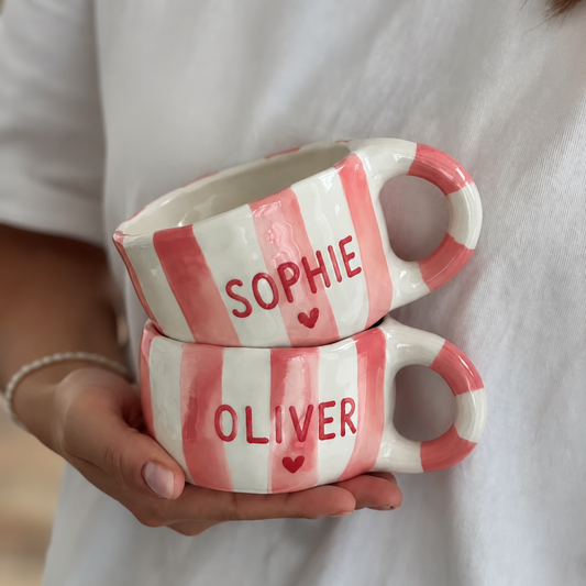 Personalized pink stripe ceramic travel mug photo 1