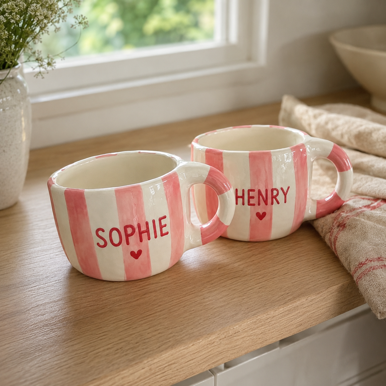 Personalized pink stripe ceramic travel mug photo 2