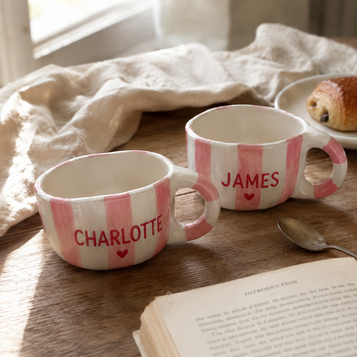 Personalized pink stripe ceramic travel mug photo 3