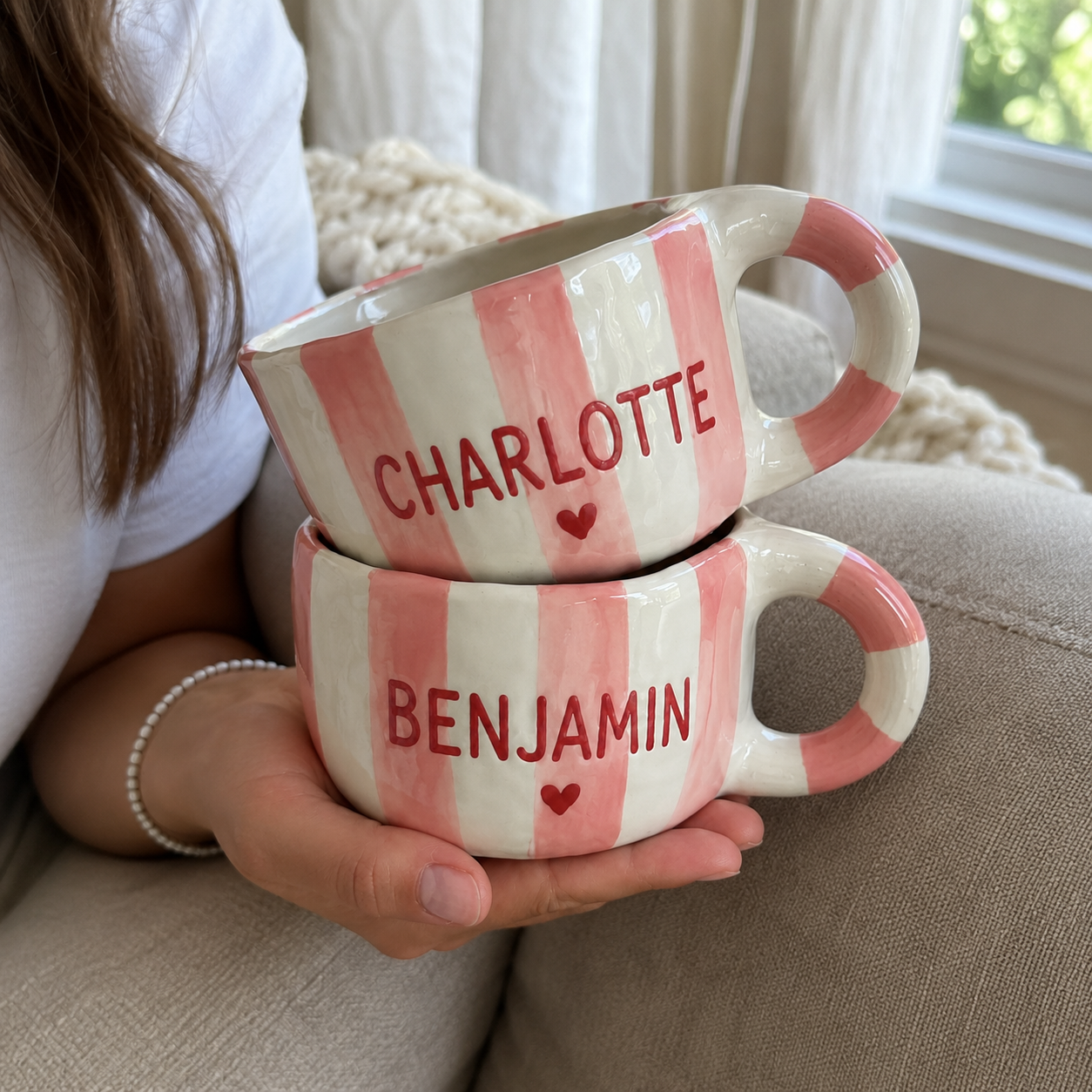 Personalized pink stripe ceramic travel mug photo 4